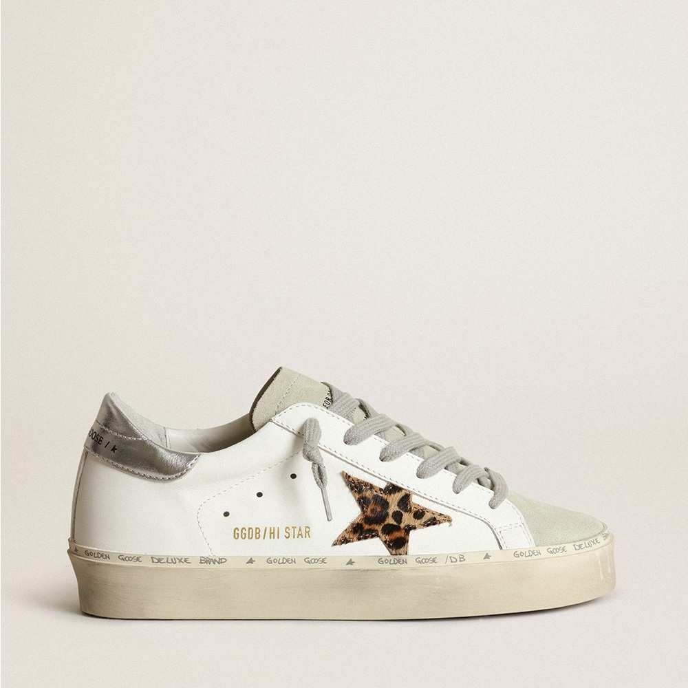 Golden Goose Hi Star Sneakers w/ Leopard Print Calf Hair Star and Glitter Heel